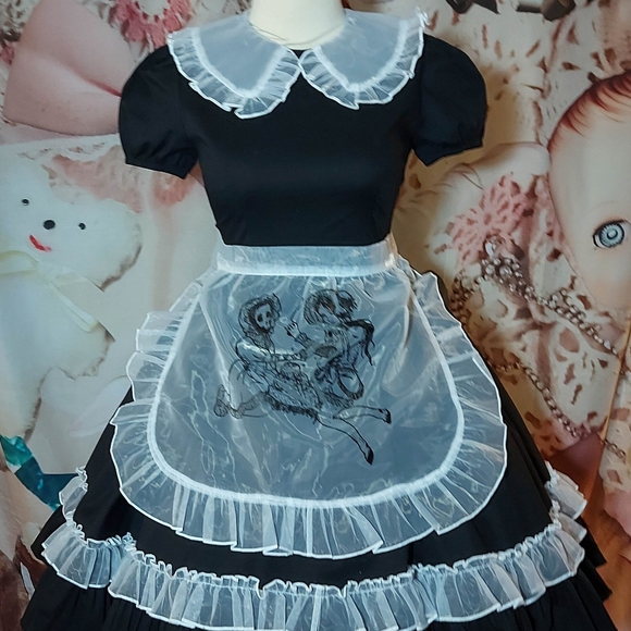 "Domestique" Black Cotton Maid Dress with Sheer Apron - Picture 4 of 12